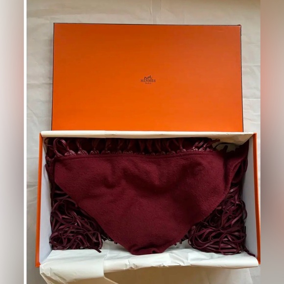 Hermes Cashmere Burgundy Fringe Shawl - Picture 8 of 8